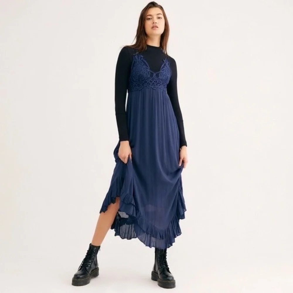 Free People FP One Adella Maxi Slip Dress Navy Blue Crochet‎ Lace Ruffle Small